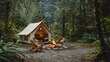© arhendrix - Nestled in a serene forest setting, a warm bonfire crackles next to comfortable chairs and a welcoming camping tent, perfectly capturing the essence of outdoor adventure and relaxation.