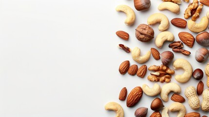 Poster - Isolated mixed nuts on white background. Top view. Copy space.