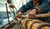 Fototapeta Miasto - fisherman relaxed moment on a sailboat, hands coiling a rope, details of the weathered deck and the sea beyond