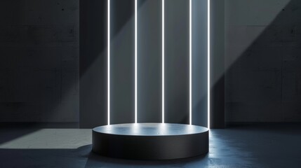 Fototapete - Silver cylinder pedestal podium with abstract shine. Sci-fi empty room concept with vertical glowing neon lighting. Modern rendering 3D shape, Product display presentation. Minimalist futuristic wall
