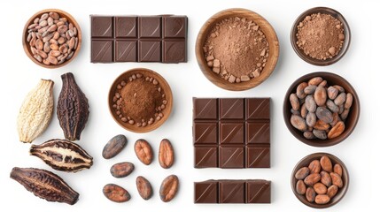Poster - Ingredients for making chocolate, cocoa pods, cocoa beans, chocolate mass, cocoa powder, chocolate bars. Flat lay isolated on white background.