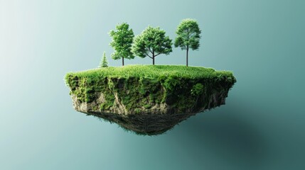 Poster - The ground is cut in 3D and the grass landscape is shown with trees on the island. This is a vacation and travel background. An eco design concept using trees on the island.