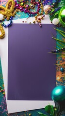 A festive Mardi Gras themed mock-up with a colorful background and decorative elements surrounding a blank purple space for text or design