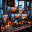 An artistically chaotic video editing suite, screens alight with color grading previews in every hue
