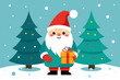 © AL - isolated on white clean background, cute smile young fat gnome on snowy January with gift and christ mas tree flad color