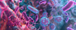Closeup of group of bacteria on purple background. Abstract background of microscopic floating bacteria with copy space. Microbiology and medicine. Dangerous disease strain, infection disease concept