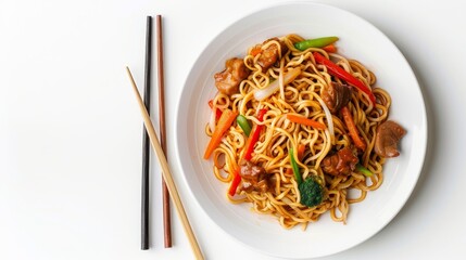 Poster - Top view of a plate of noodles with meat and vegetables, isolated on a white background