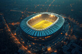 Fototapeta Sport - Aerial view of illuminated soccer stadium in bustling city at night with vibrant cityscape in background