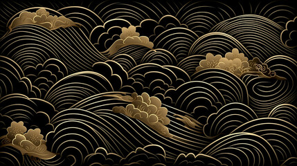 Wall Mural - Horizontal Luxury Image of an Elegant Gold Pattern on a Black Background in a Japanese Style.