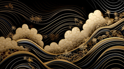 Canvas Print - Horizontal Luxury Image of an Elegant Gold Pattern on a Black Background in a Japanese Style.