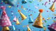 Colorful party hats and confetti suspended in motion. Joyful atmosphere captured. Perfect for celebrations and festive themes. AI