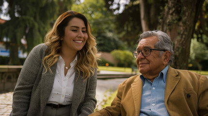 Poster - A smiling couple enjoys a moment together in a park, with one seated in a wheelchair.