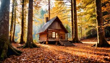 House In The Forest, Tall Trees And A Carpet Of Fallen Leaves,  Rustic Wooden Cabin Nestled In A Tranquil Forest Clearing, 