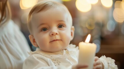 Wall Mural - A baby holding onto a christening candle during the ceremony, curious and intrigued.