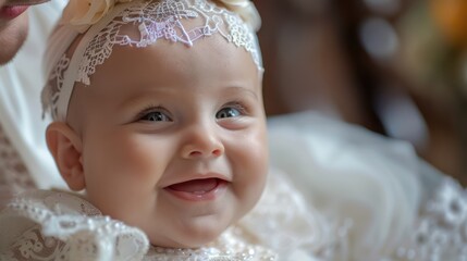 Wall Mural - A baby's first smile after the christening, captured in a heartwarming moment.