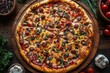 large pizza with different toppings, in the style of dark gray and crimson, nostalgic charm, aerial photography. Generative AI