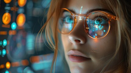 Aufkleber - Young Woman in Glasses Fascinated by Holographic Display. Tech-Savvy Female Engaged with Futuristic Interface. Modern Visual Technology Themed Imagery. AI