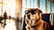 Traveling with pets Concept. Cute Dog in sunglasses at the airport terminal waiting vacation. transportation of animals for holiday or emigration