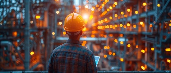 Aufkleber - In a hardhat, a civil engineer or architect looks at a tablet computer to check the schedule on a construction site