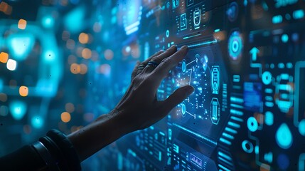 Aufkleber - Futuristic Interface Interaction, Person Touching Digital Screen with Glowing Icons, Technology Concept in Blue Hues. AI