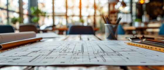 Aufkleber - With mining light and drawing equipment on an architectural office desk with construction ideas concept