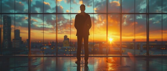Poster - Over a blurred construction site, a silhouette of a businessman engineer looks at a blueprint.
