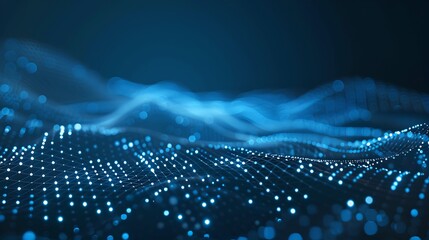 Poster - Futuristic blue particle waves illustrating data flow. Abstract concept of digital communication and technology. Ideal for backgrounds in science and tech visuals. AI