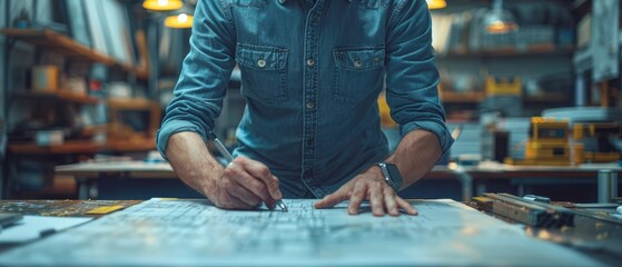 Leinwandbilder - Close-up of asian civil engineer working on a blueprint at a construction site.