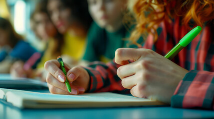 Sticker - student is writing an exam in a classroom setting.