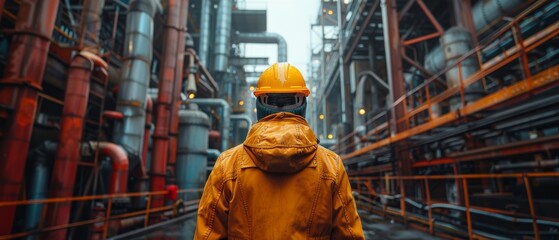 Sticker - A hardhat-wearing industrial engineer walks through a manufacturing factory with a variety of metalworking processes.