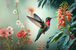 beautiful colorful hummingbird flying under orange flower. close up. Digital artwork. Ai generated