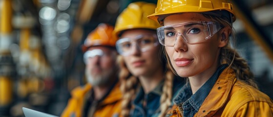 Aufkleber - In the Heavy Industry Manufacturing Facility, three industrial engineers talk with a factory worker using a laptop.