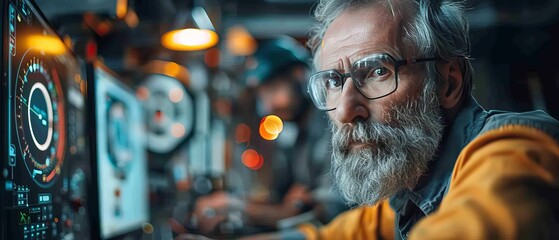 Poster - Designer has a conversation with senior engineer while working in CAD program. He works on two monitors on his computer.