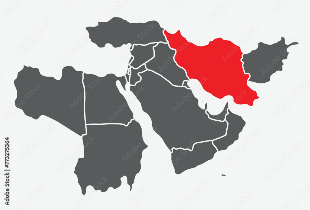 Red simple blank political map of IRAN with thick white national ...