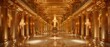 A majestic golden hall, with towering gold columns, ornamental gold mirrors, and a grand golden staircase leading to a luxurious space.