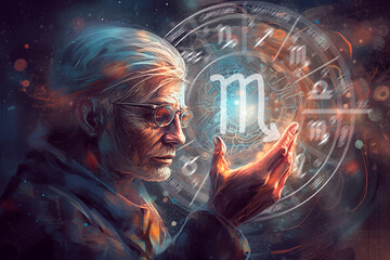 Wall Mural - old magician holds the zodiac sign Scorpio on the background of outer space