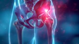 Fototapeta Do akwarium - Medical concept with focus on hip pain radiating red against a blue background