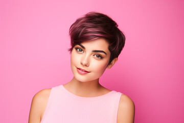 Studio portrait of beautiful brunette woman with short hairstyle on colour background