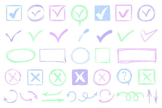 Check signs sketch, voting agree checklist mark or examination task list. Doodle check marks. Hand drawn tick V X yes no ok sign. Checkbox chalk icon, sketch checkmark. Vector illustration