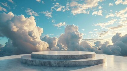 empty podium against a backdrop of a sky filled with fluffy clouds on a sunny day.