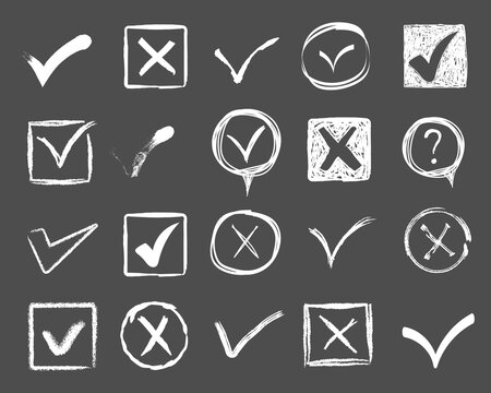 Check signs sketch, voting agree checklist mark or examination task list. Doodle check marks. Hand drawn tick V X yes no ok sign. Checkbox chalk icon, sketch checkmark. Vector illustration