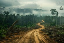 A Dirt Road Stretches Through A Jungle Area That Has Been Affected By Deforestation And Clearcutting Activities. The Road Shows Signs Of Human Impact On The Environment