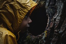 A Person Wearing A Yellow Raincoat Stands Next To A Tree, Inquisitively Looking At Something Inside Its Hollow Trunk