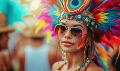 Beautiful girl on carnival with colorful face dress and sunglasses. Beauty model woman with carnival mask at party