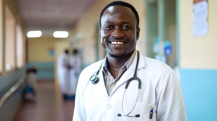 Smiling African doctor in uniform standing background in a hospital