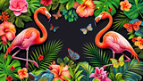 Fototapeta Mapy - Two flamingos are standing in a lush green jungle with butterflies. Summer tropical frame. Summer time and travel concept.