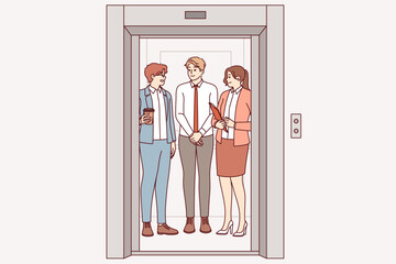 Wall Mural - Business people ride in elevator together, going up to another department of corporation or making partner visit. Men and women working as clerks meet in elevator, showing joy at sight of colleagues