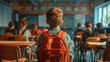 Young Student's First Day at School, young boy with a bright orange backpack stands at the threshold of a classroom, looking at his new classmates, symbolizing the beginning of his educational journey