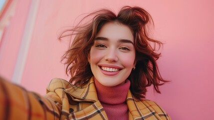 Wall Mural - Joyful Selfie Moment, young woman captures her happiness in a selfie, with wind-swept hair and a radiant smile against a pink background