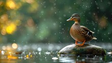   A Duck Perches Atop A Submerged Rock, Surrounded By Water Droplets